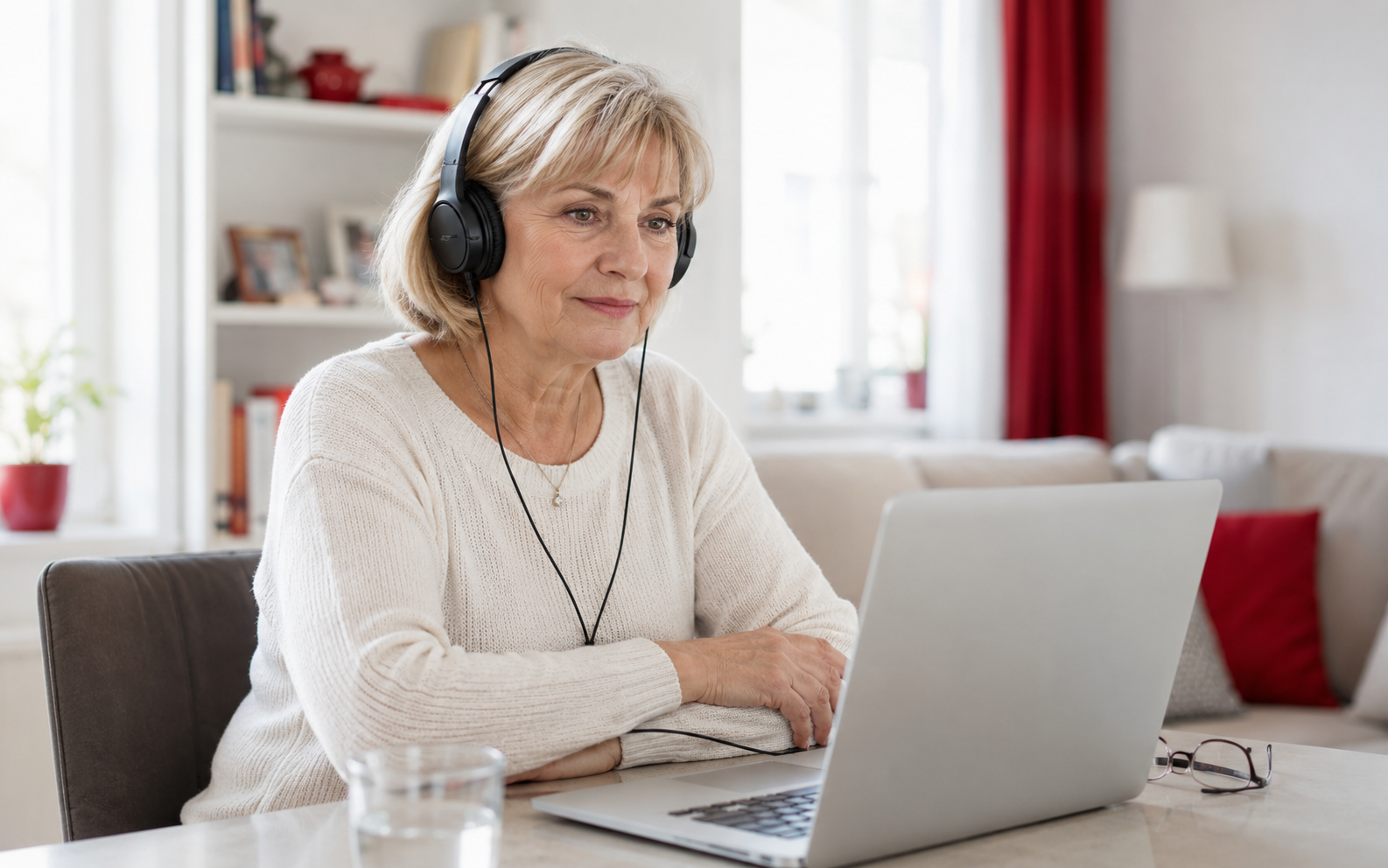 Starija žena sa slušalicama radi online test sluha na laptopu kod kuće
